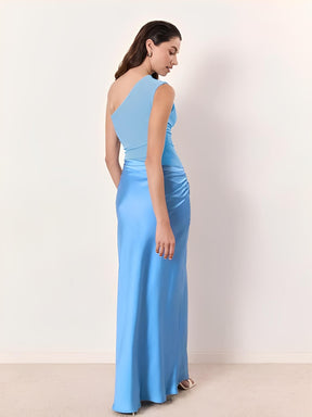 Vestido Longo Acinturado Acetinado Decote Diagonal e Ombro Único – Mirela