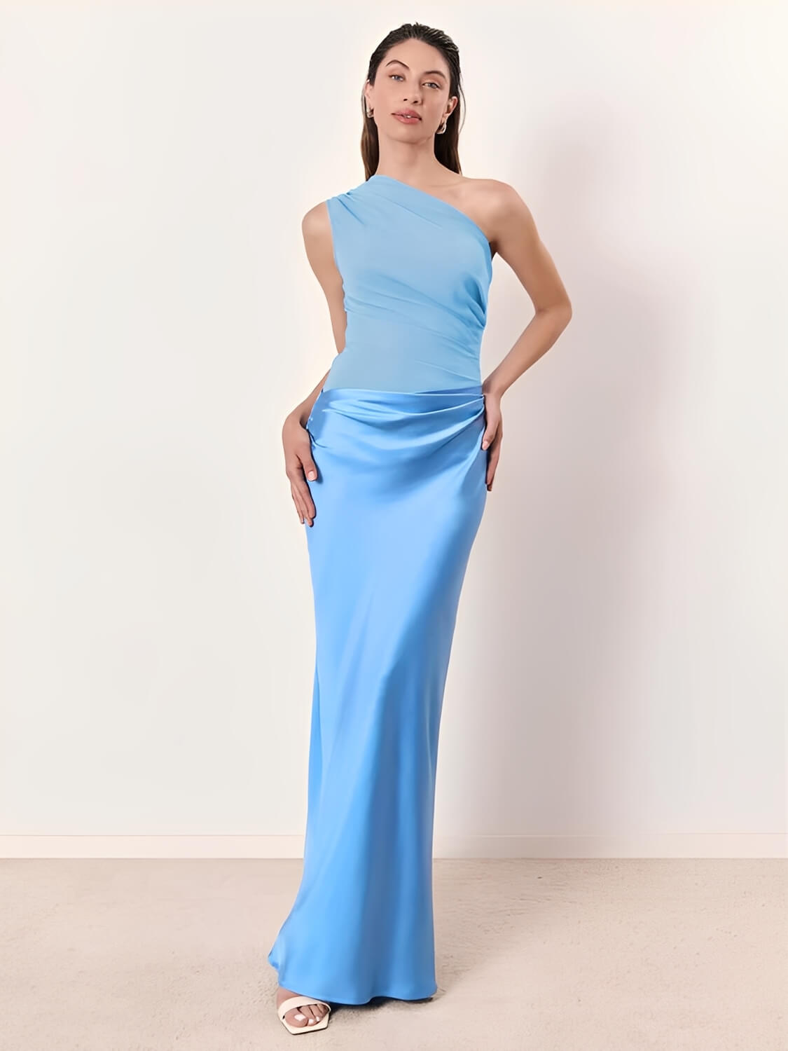 Vestido Longo Acinturado Acetinado Decote Diagonal e Ombro Único – Mirela