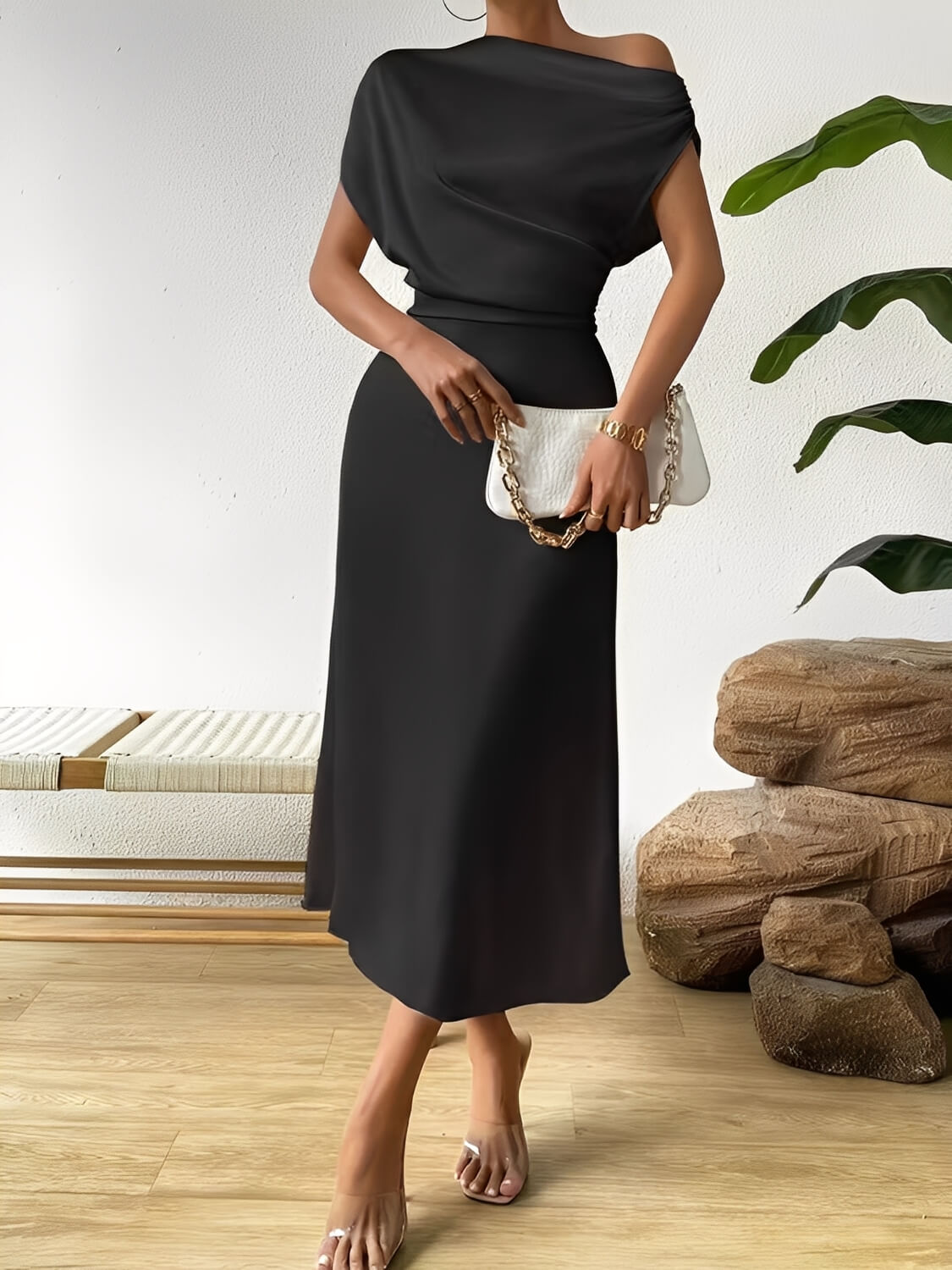 Vestido Midi Acetinado Acinturado com Decote Assimétrico Drapeado - Cleo