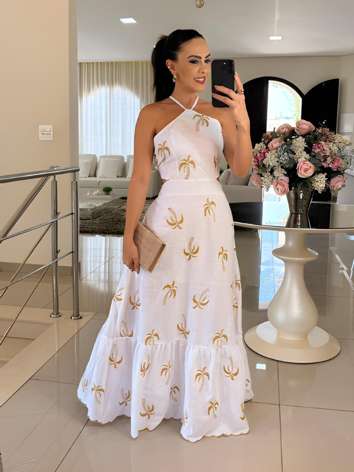 Vestido Longo Estampado com Amarração nas Costas e Babados – Kaia